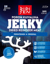 A blue package of Riipisen dried reindeer meat jerky, featuring a white reindeer silhouette and icons highlighting its gluten-free and high-protein content. The package contains 30 grams. Rectangular resealable bag with glossy finish; brand name in bold white sans-serif type. Flat lay shot on plain surface without visible background details or people.