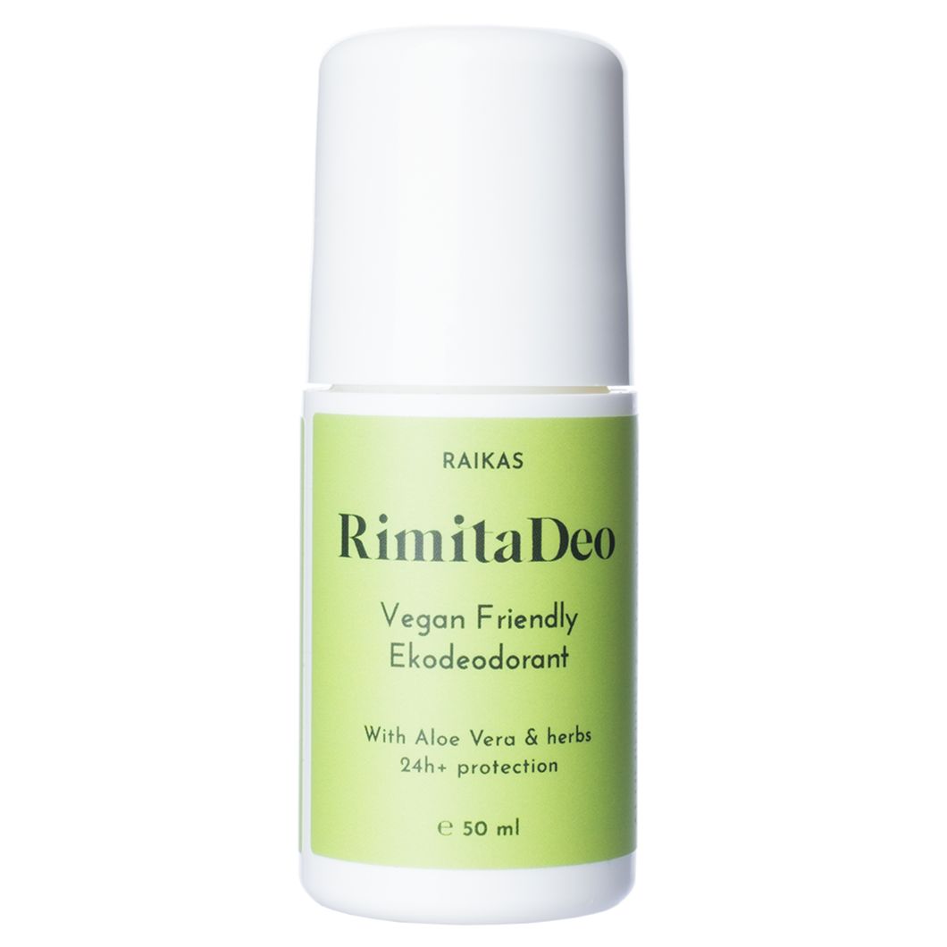 A white roll-on deodorant bottle with a green label reading RimitaDeo Vegan Friendly Ekodeodorant, formulated with Aloe Vera & herbs for 24+ hour protection, 50 ml. The cylindrical plastic container has a rounded cap with a smooth matte finish and an oval label. Sans-serif text in white and dark green is printed on the front. The product stands upright on a plain white background. No people or hands are present.