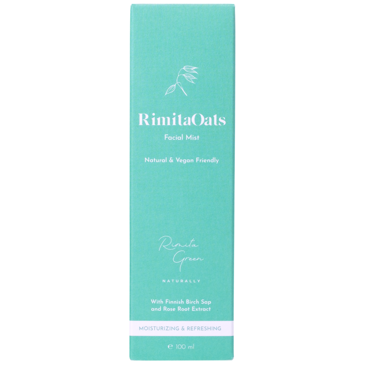 RimitaOats Kasvosuihke; turkoosi suorakulmainen laatikko mattapinnalla merkitty "RimitaOats Facial Mist", esittää luettavaa tietoa luonnollisesta, vegaaniystävällisestä kaavasta, sisältää 100 ml; etiketissä mainitaan suomalainen koivunmahla ja ruusujuuriuute; teksti painettu selkeällä groteskikirjasimella; ei ihmisiä tai käsiä näkyvissä; tausta yksivärinen, suora tuotekuva.