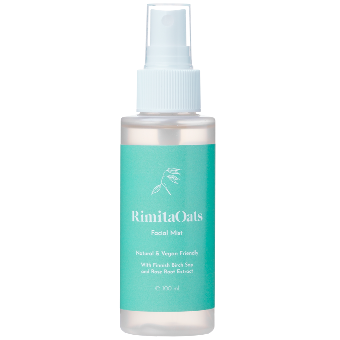 RimitaOats Kasvosuihke; 100 ml:n suihkepullo merkitty RimitaOats Facial Mist turkoosilla etiketillä, tekstissä mainitaan luonnollisuus, vegaaniystävällisyys ja rikastus suomalaisella koivunmahlalla ja ravitsevalla ruusujuuriuutteella; pullo on sylinterinmuotoinen valkoisella muovisuihkuttimella ja korkilla; etikettityypografia on groteskia ja selkeästi painettua; etiketin pinta on mattapintainen; tausta valkoinen; ei ihmisiä tai käsiä näkyvissä; kuva on suoraviivainen tuotekuva suoraan pulloa vasten.