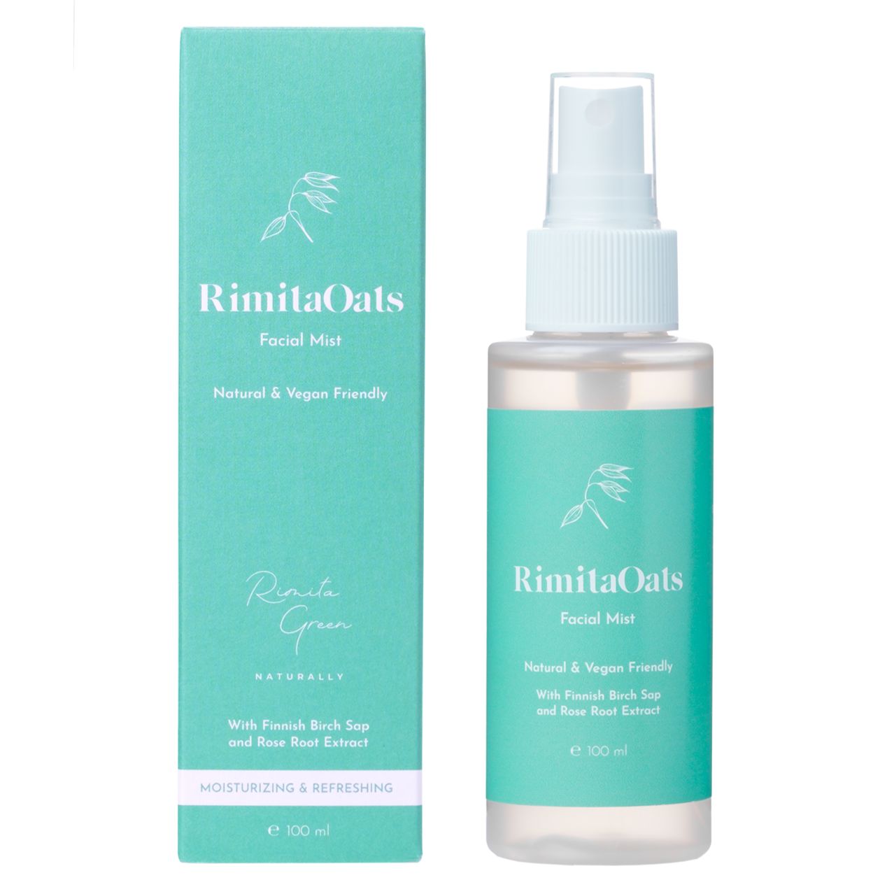 RimitaOats Kasvosuihke; turkoosi laatikko ja vastaava suihkepullo merkitty RimitaOats Facial Mist, luonnollisin ja vegaaniystävällisin ainesosin kasvikuvituksin, seisovat vierekkäin valkoisella taustalla; molemmilla mattapinta; pakkaus on suorakulmainen laatikossa ja sylinterinmuotoinen suihkepullossa; etikettiteksti on selkeää groteskia valkoisena ja tummina värein; ei ihmisiä tai käsiä näkyvissä.