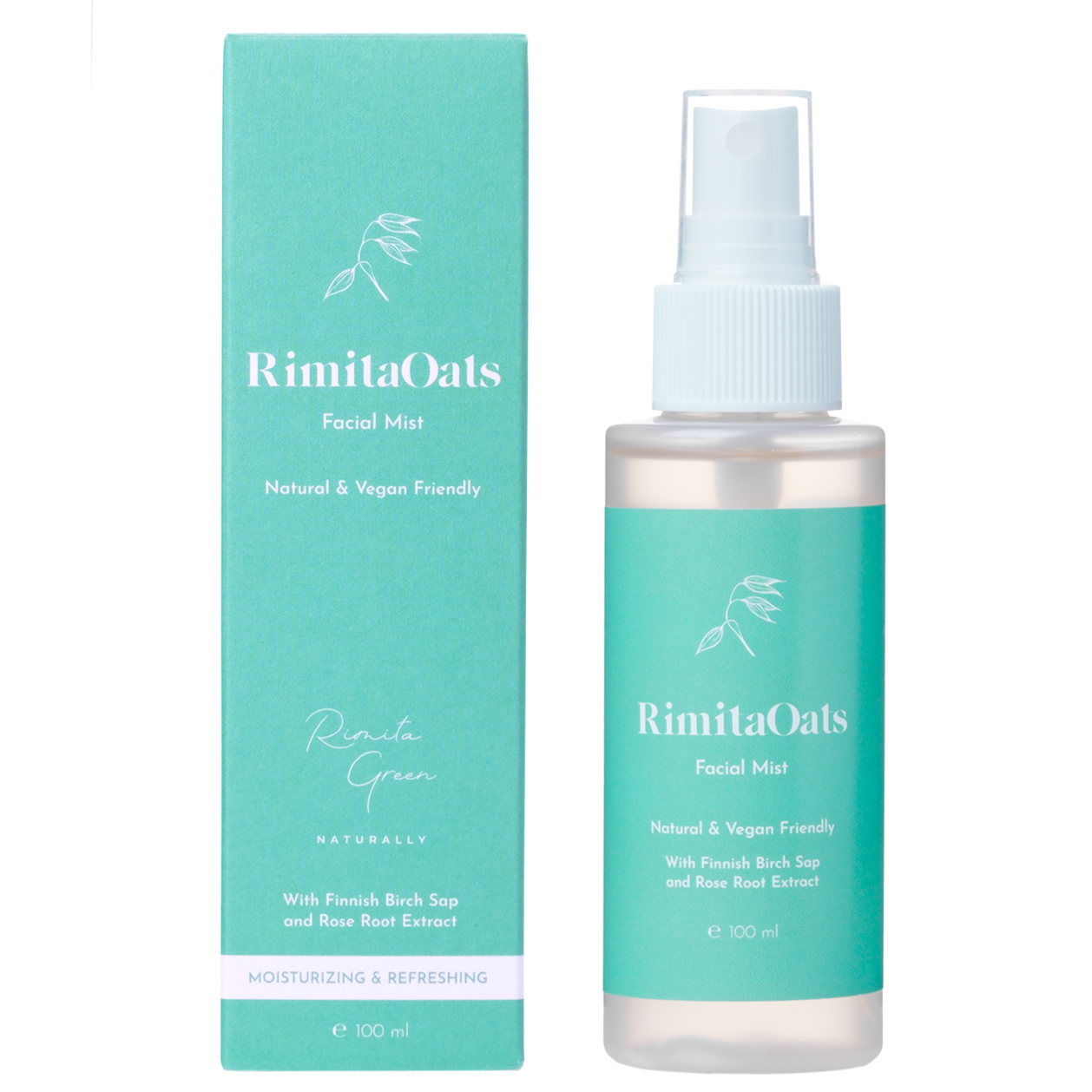 RimitaOats Kasvosuihke; turkoosi laatikko ja vastaava suihkepullo merkitty RimitaOats Facial Mist, luonnollisin ja vegaaniystävällisin ainesosin kasvikuvituksin, seisovat vierekkäin valkoisella taustalla; molemmilla mattapinta; pakkaus on suorakulmainen laatikossa ja sylinterinmuotoinen suihkepullossa; etikettiteksti on selkeää groteskia valkoisena ja tummina värein; ei ihmisiä tai käsiä näkyvissä.