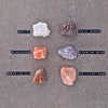 Rivsalt Suolalajitelma; kuusi eri suolakiveä, kukin merkitty: Halit (valkoinen), Kala Namak (ruskea), Himalayan (vaaleanpunainen), Persian Blue (sininen), Austrian Alp (punaruskea) ja Bolivian Rose (vaaleanpunainen), aseteltuna harmaalle pinnalle; karkeita, epäsäännöllisiä muotoja mattapinnoin; yksinkertaiset painetut etiketit näyttävät suolojen nimet; ei pakkausta tai ihmisiä näkyvissä; tasokuva ylhäältä; kokoelma esittelee maailman herkkusuolojen eloisan monimuotoisuuden.
