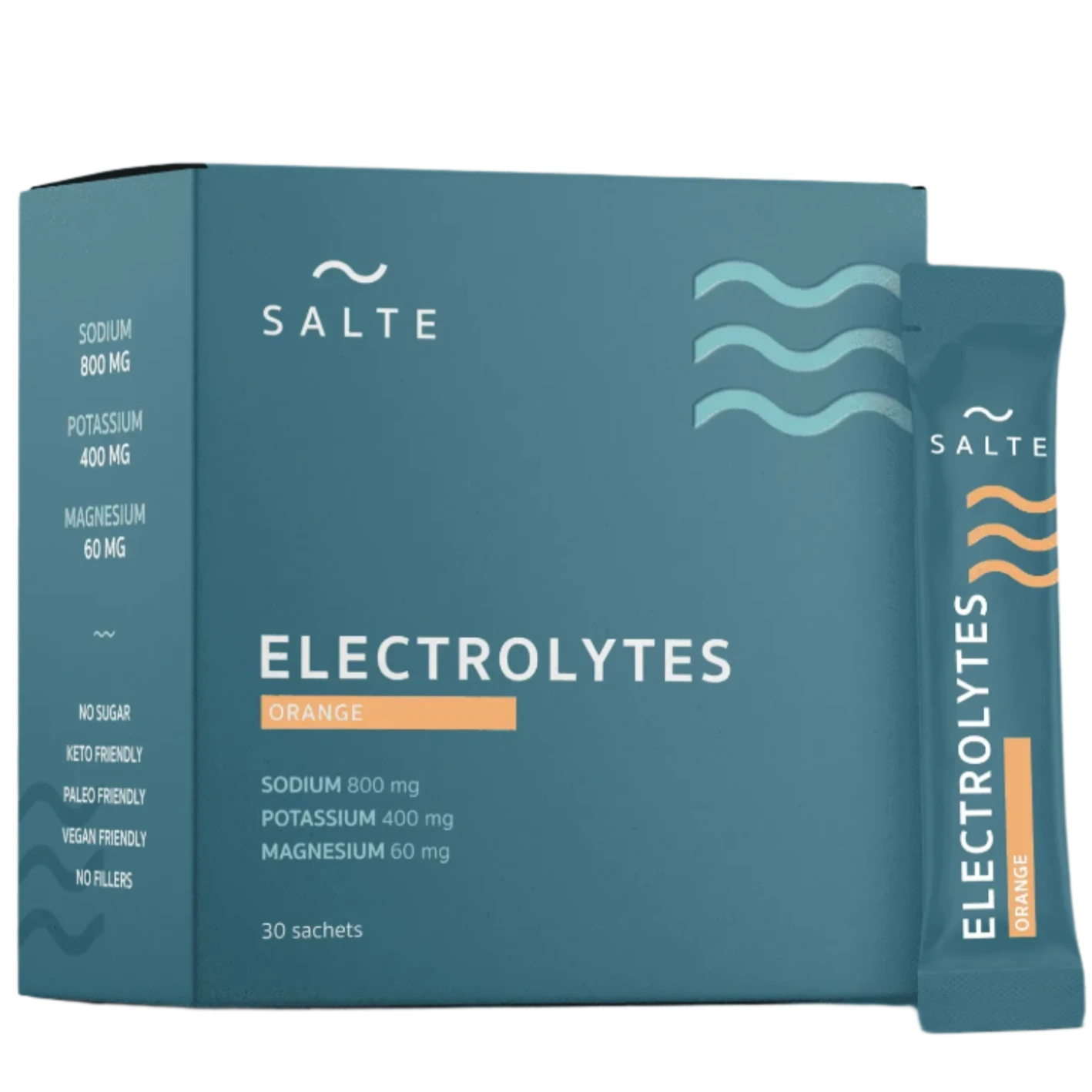 SALTE Elektrolyyttijauhe Appelsiini; sininen laatikko ja annospussi oranssein korostein, molemmat suorakulmaisia mattapintoineen; tekstissä mainitaan natrium 800 mg, kalium 400 mg ja magnesium 60 mg; lisäetiketissä mainitaan keto-, paleo- ja vegaaniystävällisyys sekä sokerittomuus; groteskikirjasin valkoisena ja oranssina; ei ihmisiä tai käsiä näkyvissä; tausta neutraali, tavanomainen tuotestudiokuva.