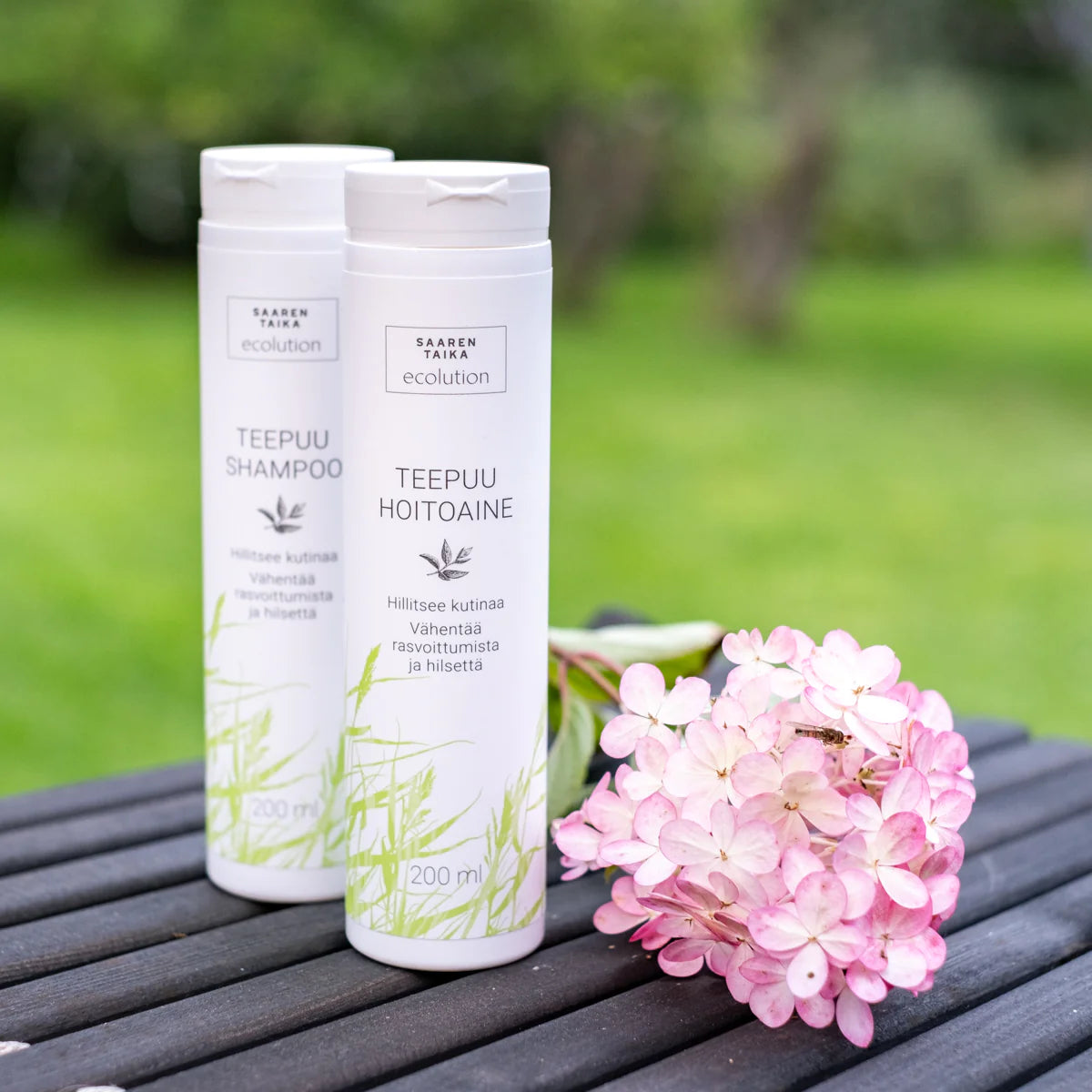 Saaren Taika Ecolution Nestemäinen Teepuuhoitoaine; kaksi valkoista muovipulloa, joissa Teepuu-shampoo ja hoitoaine, pystyssä tummalla, petsatulla puupinnalla ulkotiloissa; molemmat pullot mattapintaisia ja sylinterimäisiä valkoisin läppäkorkein; teksti antiikvatyylisillä mustilla kirjaimilla pystysuunnassa; pullojen vieressä vaaleanpunainen hortensiankukka; taustalla epätarkkaa vihreää ruohoa ja puita, ei ihmisiä eikä käsiä näkyvissä.