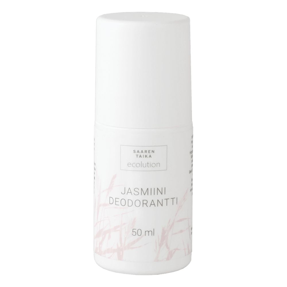 Saaren Taika Ecolution Roll-on Deodorantti Jasmiini, valkoinen roll-on-pullo pyöristetyllä korkilla, muovia ja mattapintainen, painettu teksti "Jasmiini Deodorantti 50 ml" sekä "Saaren Taika Ecolution"; etiketissä vähäisiä vaaleanpunaisia ruohokuvioita; typografia pääosin groteskinen; tuote pystyssä yhtenäisen vaalean ja sileän taustan edessä.