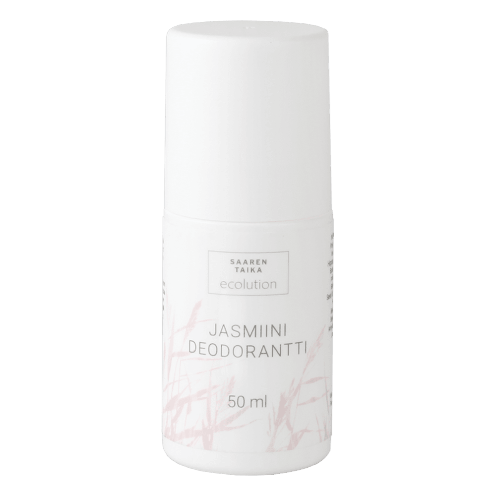 Saaren Taika Ecolution Roll-on Deodorantti Jasmiini, valkoinen roll-on-pullo pyöristetyllä korkilla, muovia ja mattapintainen, painettu teksti "Jasmiini Deodorantti 50 ml" sekä "Saaren Taika Ecolution"; etiketissä vähäisiä vaaleanpunaisia ruohokuvioita; typografia pääosin groteskinen; tuote pystyssä yhtenäisen vaalean ja sileän taustan edessä.