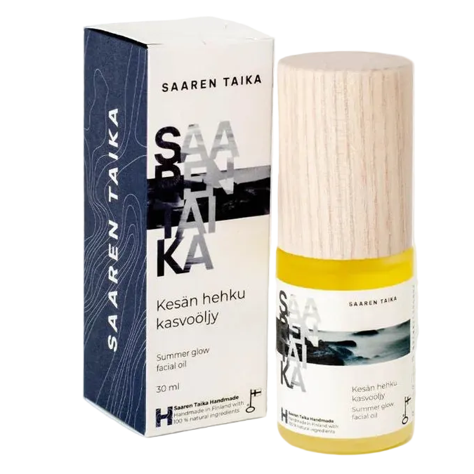 Saaren Taika Kesän Hehku Kasvoöljy; kasvoöljypullo puisella korkilla.