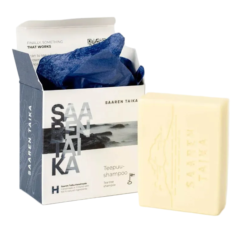 Saaren Taika Teepuu Shampoo -palashampoo hiuksille pakkauksineen