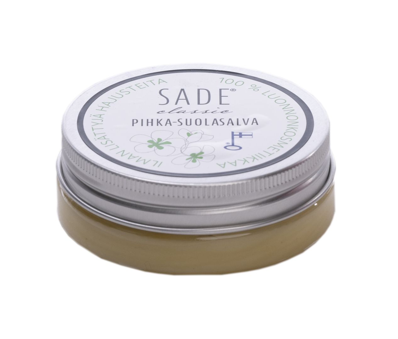 A small round tin of SADE classic pihka-suolasalva, a Finnish natural resin salve, with a matte silver screw-top lid. The white label wraps around the top and side, showing green sans-serif text and stylized floral line graphics. Product name and Finnish description are clearly legible. The container is photographed alone against an untextured surface.