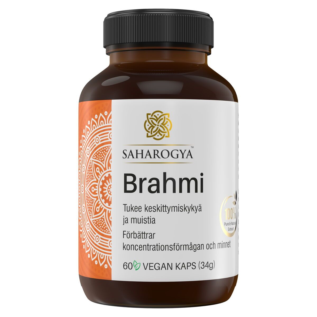 A brown plastic bottle with a screw cap, cylindrical in shape. The matte label has gold elements on white and orange areas. Typography uses clear, sans-serif fonts for legible product and ingredient information. No visible people or hands. Neutral studio background, straight-on product shot. A brown bottle labeled Saharogya Brahmi features text in Finnish and Swedish, highlighting its support for focus and memory. The label indicates 60 vegan capsules and showcases a gold design set against a white and