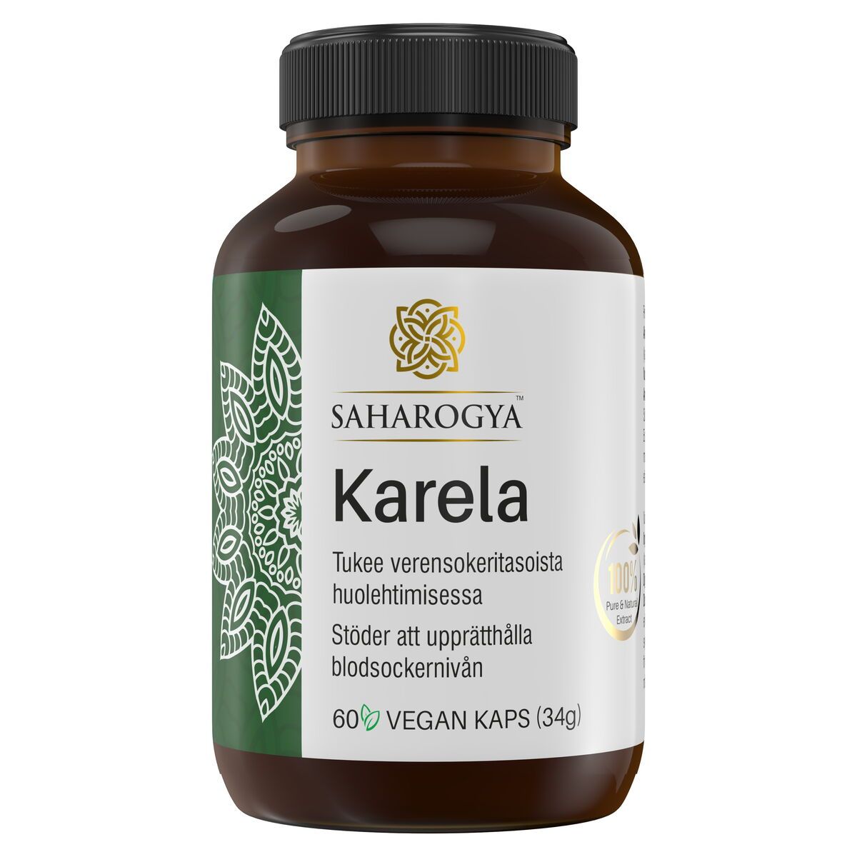 A brown plastic bottle labeled SAHAROGYA Karela with decorative patterns on a matte label. The cylindrical bottle has a black screw cap. Typography is bold sans-serif for the product name and supporting information. Label shows blood sugar support, 60 vegan capsules (34g), Finnish and Swedish text. Neutral solid background, studio shot, no people or hands present.