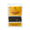 Saharogya Mango Green Tea; valkoinen ja keltainen pussi merkitty "Luxury Tea", alla teksti "Mango Green Tea"; pakkauksessa läpinäkyvä ikkuna, josta näkyy irtonaisia mango-vihreän teen lehtiä; pussi on suorakulmainen ja mattapintainen, tuotenimet painettu lihavoidulla groteskikirjasimella; ei ihmisiä tai muita rekvisiittoja näkyvissä, kuvattu yksivärisellä taustalla.