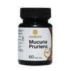 Saharogya Mucuna Pruriens 750 mg; musta pullo, kultainen tunnusmerkki ja merkintä 60 tabletista (44 g); sylinterinmuotoinen muovipurkki mattapinnalla ja mustalla kierrekorkilla; etiketin reunoja kiertää koristeellinen kultainen kuvio; teksti painettu lihavoidulla groteskikirjasimella; tuote valkoisella taustalla ilman näkyviä ihmisiä tai esineitä.