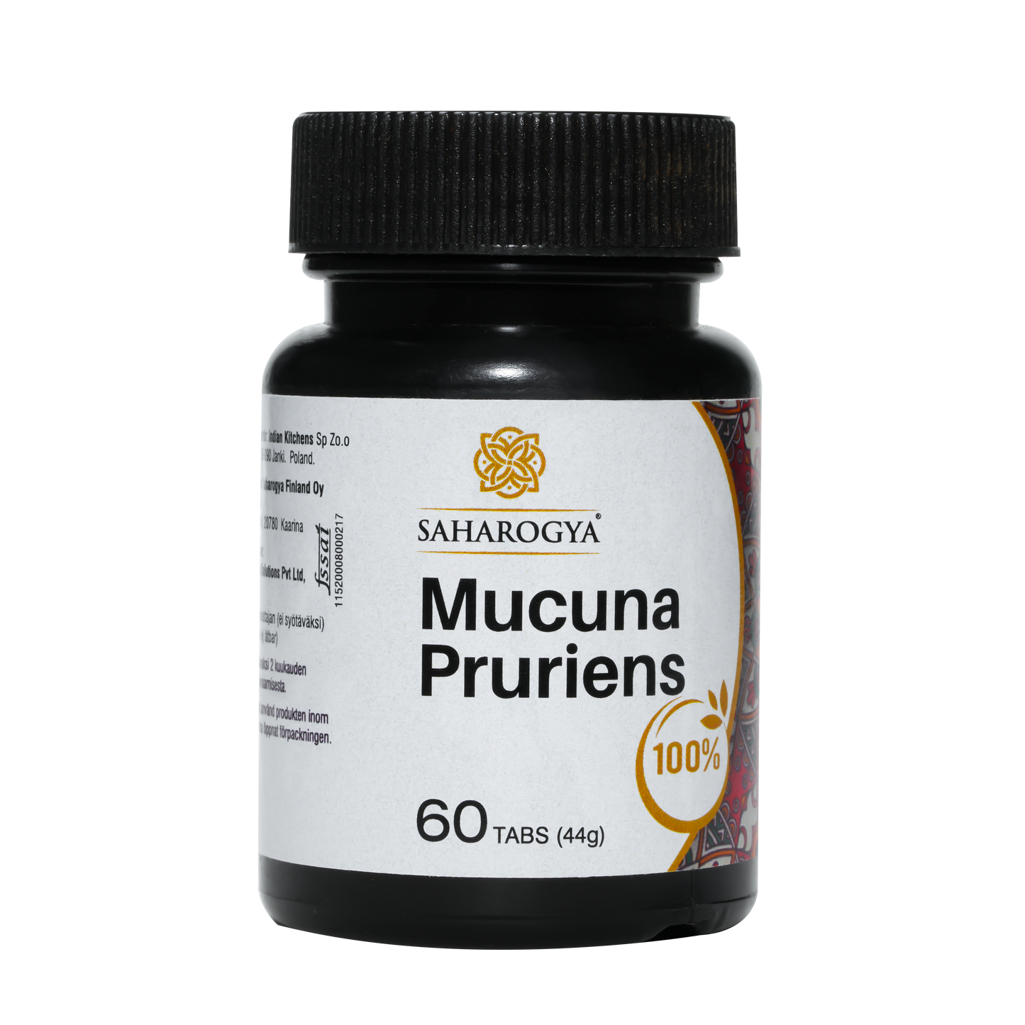Saharogya Mucuna Pruriens 750 mg; musta pullo, kultainen tunnusmerkki ja merkintä 60 tabletista (44 g); sylinterinmuotoinen muovipurkki mattapinnalla ja mustalla kierrekorkilla; etiketin reunoja kiertää koristeellinen kultainen kuvio; teksti painettu lihavoidulla groteskikirjasimella; tuote valkoisella taustalla ilman näkyviä ihmisiä tai esineitä.