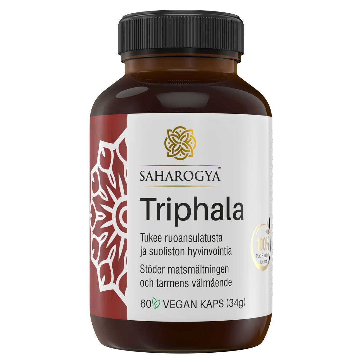 A brown plastic bottle labeled Triphala by Saharogya, containing 60 vegan capsules. The packaging is cylindrical with a white cap and has a glossy finish. The label displays Finnish and Swedish text in clear sans-serif font, along with a geometric Ayurvedic motif in red and white. The image is shot against a plain background with no people or extra objects visible.