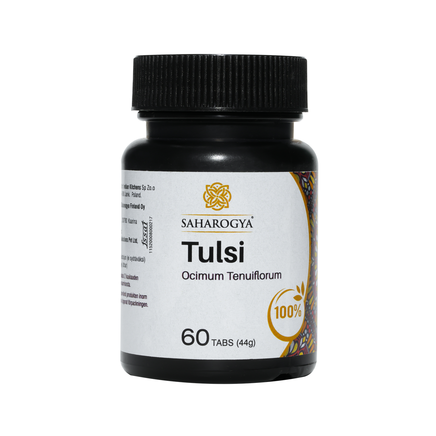 Saharogya Tulsi 750 mg; musta muovipullo sylinterinmuotoisena ja mattapintaisena; valkoisessa etiketissä koristeellisia elementtejä, kultainen tunnusmerkki, lihavoitua ja serif-kirjasinta tuotenimessä ja tiedoissa; etiketissä luettavissa "Saharogya Tulsi Ocimum Tenuiflorum, 60 yrttitablettia (44 g), 100%"; tausta valkoinen, ei ihmisiä tai käsiä näkyvissä.
