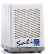 A white rectangular air purifier features diagonal vent slats on the front and a blue Salin S2 logo at the bottom. The surface is matte plastic. Shape is boxlike with rounded corners. “Salin S2” is printed in sans-serif font on a blue rectangle. No people or hands present. Background appears neutral and uncluttered, possibly white or light gray studio backdrop.