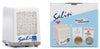 A white Salin S2 air purifier is shown next to its blue and white product box, which displays the device, awards, keywords, and the words Salin and Hengitä helpommin. The air purifier has a matte finish with a rectangular shape and curved grille openings on the front. The box features clear images of the device and printed graphics with sans-serif fonts. The setting is neutral with no people present.