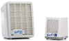 Two white rectangular air purifiers with grilles on the front are shown. The left device, labeled Salin Plus, is larger and has its name printed in blue sans-serif text in the lower right corner of the grille. The right device, labeled Salin S2, is smaller with similar design elements and matching text placement. Both have a matte finish plastic exterior and stand side by side against a plain background.