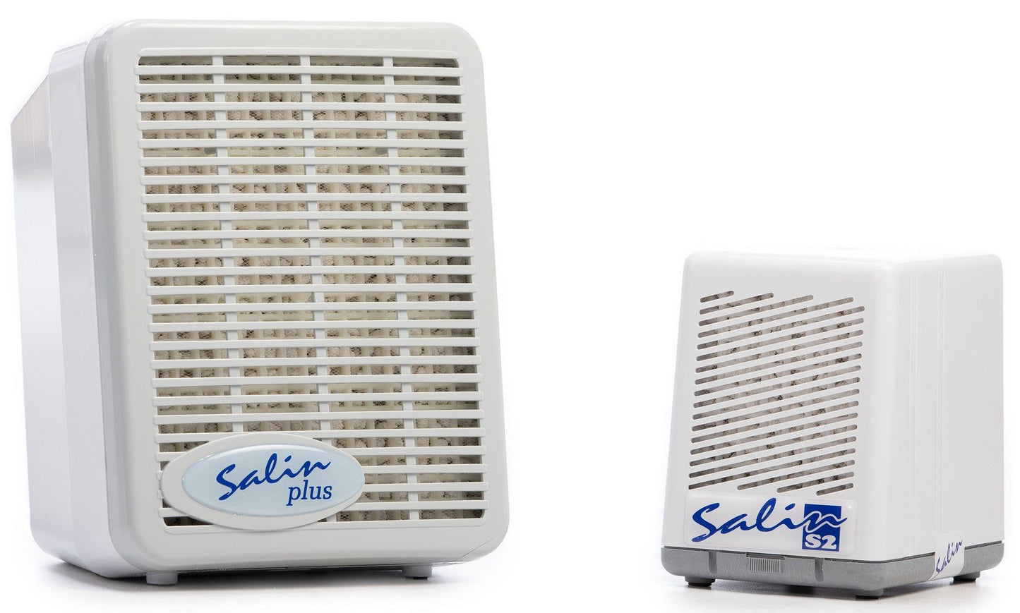 Two white rectangular air purifiers with grilles on the front are shown. The left device, labeled Salin Plus, is larger and has its name printed in blue sans-serif text in the lower right corner of the grille. The right device, labeled Salin S2, is smaller with similar design elements and matching text placement. Both have a matte finish plastic exterior and stand side by side against a plain background.