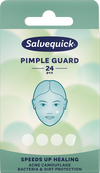 Salvequick Pimple Guard; laatikko Salvequick Pimple Guard -tuotetta, sisältää 24 kappaletta, kuvassa kasvokuvitus finnilaastarin kera ja tekstiä kehittyneestä finnien peittämisestä ja tehokkaasta bakteerisuojasta; suorakulmainen laatikko on pääosin valkoinen turkoosin ja pinkin yksityiskohdin, mattapintainen ja lihavaa groteskitypografiaa; tuotekuva valkoista taustaa vasten, ei ihmisiä tai käsiä näkyvissä.