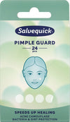 Salvequick Pimple Guard; laatikko Salvequick Pimple Guard -tuotetta, sisältää 24 kappaletta, kuvassa kasvokuvitus finnilaastarin kera ja tekstiä kehittyneestä finnien peittämisestä ja tehokkaasta bakteerisuojasta; suorakulmainen laatikko on pääosin valkoinen turkoosin ja pinkin yksityiskohdin, mattapintainen ja lihavaa groteskitypografiaa; tuotekuva valkoista taustaa vasten, ei ihmisiä tai käsiä näkyvissä.