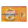 A box of Sana-sol Kurkkutabletti lozenges in honey-ginger flavor. The packaging is rectangular, orange, appears to be made of cardboard with a matte finish. Juicy orange slices are pictured on the front. Finnish text is printed in bold, sans-serif typeface. The shot focuses on the product against a plain background; no people or other objects visible.