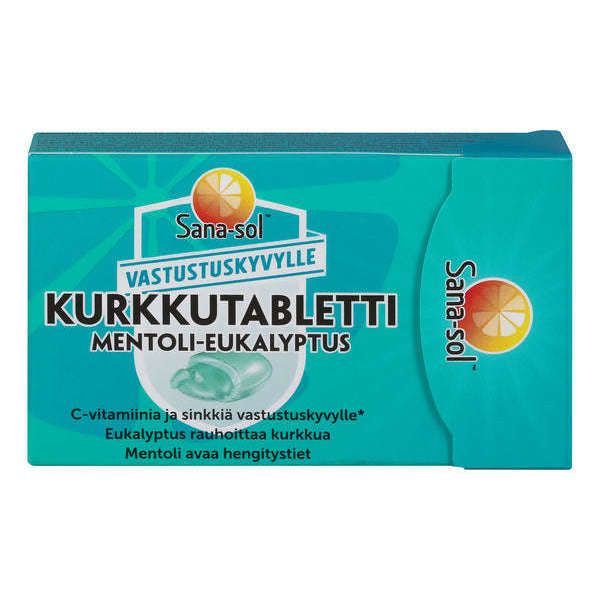 A turquoise box of Sana-sol menthol-eucalyptus throat lozenges features Finnish text and a citrus logo. Rectangular matte-finish cardboard packaging with Sans-serif, bold white and yellow typography on the front. Key ingredients vitamin C and zinc noted, as well as mention of soothing effects. Plain studio background, no people or other objects visible, product centered in the image.