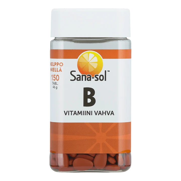 Sana-sol Vahva B-vitamiini -pullo, 150 tablettia; sylinterimäinen, valkoinen ja mattapintainen muovipullo oranssilla korkilla; etiketissä valkoista ja oranssia väriä sekä appelsiininviipalekuvitus yläosassa; lihavoitua tekstausvapaata kirjasinta; kuvattu valkoista taustaa vasten, ei ihmisiä tai käsiä näkyvissä.