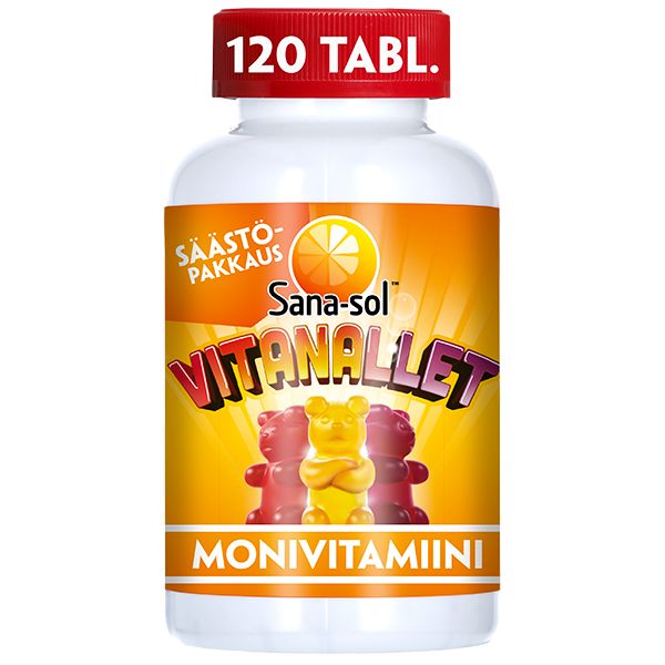 Sana-sol Vitanallet Monivitamiini -pullo, 120 tablettia, punainen korkki, kuvitettuja hyytelökarhuja etiketissä; kiiltäväpintainen sylinterinmuotoinen muovipullo, lihavoitu groteskiteksti