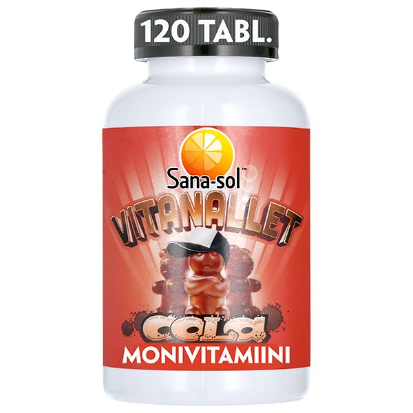 Sana-sol Vitanallet Cola -monivitamiinipurukumit, 120 kpl; etiketissä kolan makuinen karhupurukumi kansikuvassa; kirkas muovipullo valkoisella kierrekorkilla ja kiiltävällä pinnalla; lihavoitua groteskitypografiaa punaisena, valkoisena ja keltaisena; tuote kuvattu vaalealla taustalla suoraan edestä, ei ihmisiä tai käsiä.