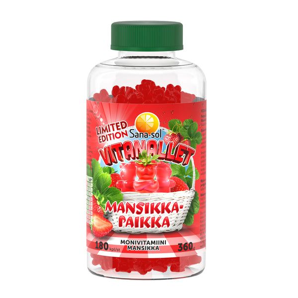 Sana-sol Vitanallet Mansikkapaikka: läpinäkyvä muovipullo kiiltävällä pinnalla ja vihreällä kierrekorkilla, sisältää punaisia karhunmuotoisia vitamiinipuruja; kiertyvässä etiketissä mansikkakuvituksia ja pieni mansikkakori; suomenkielinen groteskiteksti "VITAMALLIT" ja "MANSIKKA-PAIKKA"; tuote kuvattu suoraan edestä valkoista taustaa vasten.