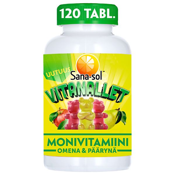 Sana-sol Vitanallet -monivitamiinit, omena-päärynä, 120 purukarkkia; valkoinen muovipullo mattapinnalla ja pyöreällä muodolla; etiketissä karhupurukarkkeja sekä omena- ja päärynäkuvitus; lihavoitua groteskitekstiä; vaalea tausta, ei ihmisiä tai käsiä.
