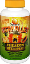 Sana-sol Vitanallet Viidakon Hedelmät: muovipullo Sana-sol Vitanallet -monivitamiineja, sylinterimäinen ja valkoisella korkilla, kiiltäväpintainen etiketti; viidakkoaiheiset kuvitukset sisältävät karhun, ananaksen ja papaijan; teksti "Limited Edition" ja muu teksti on suomeksi lihavoidulla groteskikirjasimella; tuote kuvattu neutraalia taustaa vasten, ei ihmisiä tai käsiä näkyvissä.