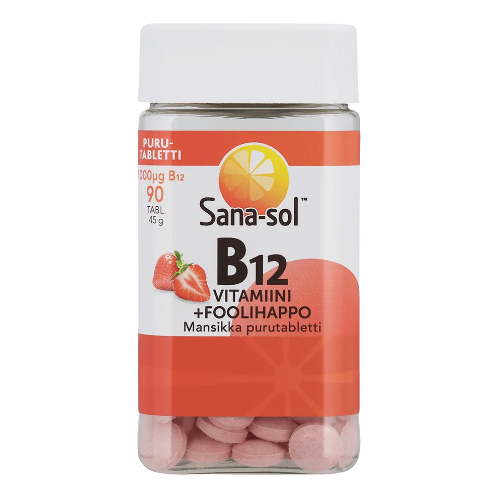 Sana-sol B12-vitamiini + Foolihappo -purutabletit valkoisessa muovipullossa lapsiturvallisella korkilla; etiketti kiiltävä, pääväreinä keltainen ja oranssi, kuvissa mansikoita ja appelsiiniviipale; musta-punainen groteskiteksti kertoo tuotenimen ja lisätiedot pienemmällä fontilla; tausta yksivärinen, ei ihmisiä eikä käsiä, kuva suoraan edestä silmän korkeudelta.