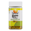 Sana-sol D-vitamiini Oliiviöljy 100 mikrog; pullo Sana-sol D100 µg Vitamiini Oliiviöljy -tuotteelle, sisältää keltaisia pehmeäkapseleita; astia muovia mattavalkoisella pinnalla ja pyöreällä muodolla; etiketissä sitruunaviipalekuvitus, vihreitä värikorostuksia, sans-serif-typografia tuotenimessä ja annostuksessa sekä sana "Oliiviöljy"; ei ihmisiä tai käsiä, neutraali tausta, edestäpäin kuvattu tuotekuva.