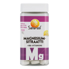 Sana-sol Magnesiumsitraatti + B6-vitamiini -purutabletit; violetti-valkoinen, kiiltäväpintainen etiketti, jossa kuva sitruunaviipaleesta; etiketissä brändi ja tuotetyyppi; lieriömäinen pullo, valkoinen korkki; tuote kuvattu vaalealla taustalla.