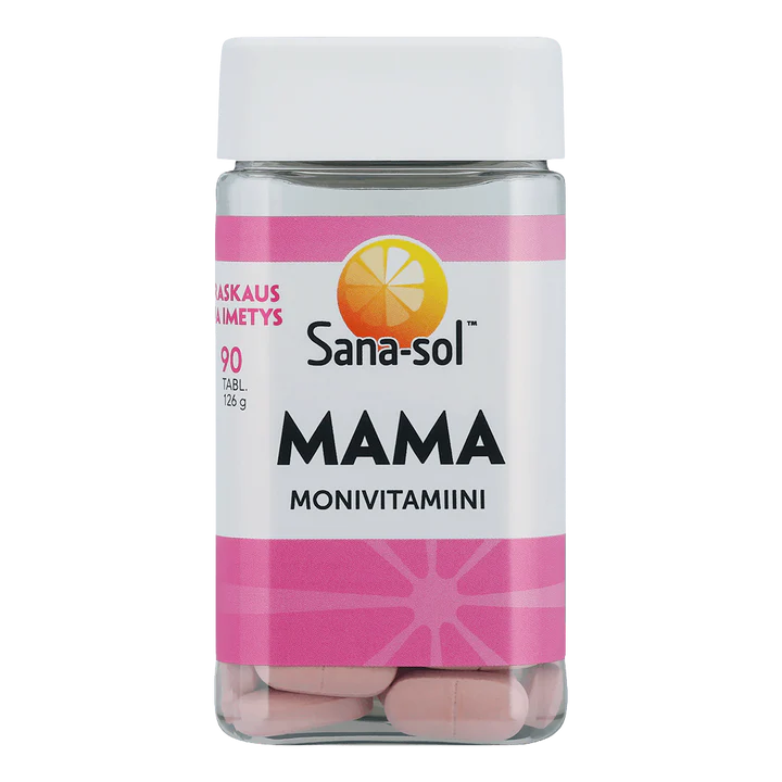 Sana-sol Mama Monivitamiini; pullo vaaleanpunaisella ja valkoisella etiketillä, sisältää vaaleanpunaisia tabletteja, suunniteltu raskauden ja imetyksen tueksi; muovipullo mattapintaisella valkoisella korkilla, sylinterinmuotoinen; pääteksti lihavoitua vaaleanpunaista groteskikirjasinta; valkoinen tausta ilman ihmisiä tai rekvisiittaa, tasaisessa valaistuksessa kuvattuna.