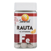 Sana-sol Rauta + C-vitamiini Purutabletti -pullo; sylinterimäinen, mattapintainen muovipullo; oranssissa ja valkoisessa etiketissä appelsiininviipalekuvitus sekä yksinkertaista lihavoitua tekstausvapaata tekstiä; läpinäkyvästä pullosta näkyy pyöreitä valkoisia purutabletteja; kuvattu valkoista studiotaustaa vasten, ei ihmisiä tai käsiä näkyvissä.
