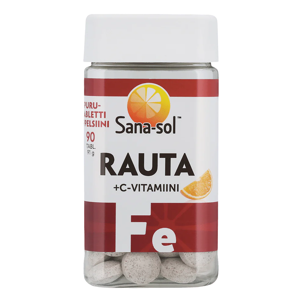 Sana-sol Rauta + C-vitamiini Purutabletti -pullo; sylinterimäinen, mattapintainen muovipullo; oranssissa ja valkoisessa etiketissä appelsiininviipalekuvitus sekä yksinkertaista lihavoitua tekstausvapaata tekstiä; läpinäkyvästä pullosta näkyy pyöreitä valkoisia purutabletteja; kuvattu valkoista studiotaustaa vasten, ei ihmisiä tai käsiä näkyvissä.