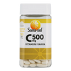 Sana-sol Vahva C-vitamiini 500 mg -pullo, 180 tablettia; läpikuultamaton, sylinterimäinen ja sileäpintainen muovipullo valkoisella korkilla; keltaisessa ja valkoisessa etiketissä kuva viipaloidusta appelsiinista sekä lihavoitua tekstausvapaata tekstiä tuotenimestä ja annostuksesta; kuvattu neutraalia taustaa vasten keskitettynä, ei ihmisiä tai muuta ympäristöä näkyvissä.