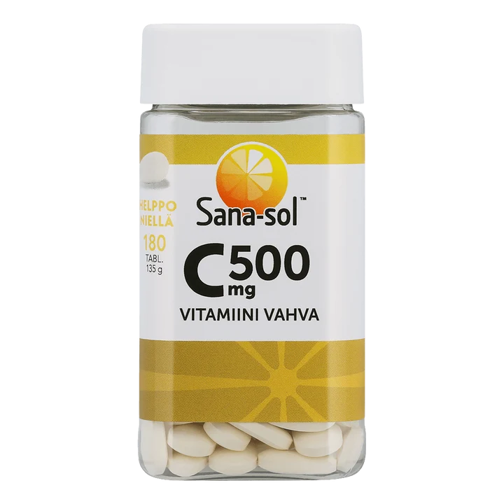 Sana-sol Vahva C-vitamiini 500 mg -pullo, 180 tablettia; läpikuultamaton, sylinterimäinen ja sileäpintainen muovipullo valkoisella korkilla; keltaisessa ja valkoisessa etiketissä kuva viipaloidusta appelsiinista sekä lihavoitua tekstausvapaata tekstiä tuotenimestä ja annostuksesta; kuvattu neutraalia taustaa vasten keskitettynä, ei ihmisiä tai muuta ympäristöä näkyvissä.