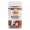 Sana-sol Vahva Rauta + C-vitamiini, 50 mg; sylinterinmuotoinen muovipullo, valkoinen runko ja oranssi kierrekorkki, kiiltäväpintainen; etiketti oranssi ja valkoinen tekstillä "Sana-sol", "Vahva Rauta 50 mg" ja tyylitellyllä sitruunakuvalla; lihavoitu groteskikirjasin pääteksteille, Fe-symboli näkyvissä alaosassa; neutraali tausta, ei ihmisiä tai käsiä, tuotteen etuetiketti selkeästi esillä.
