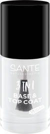 Sante 3-in-1 Pohja- ja päällyslakka; kirkas pullo Sante Naturkosmetik 3-in-1 Base & Top Coat -vegaanista kynsilakkaa, musta kansi ja näkyvä siveltimen kärki sisällä; suorakaiteen muotoinen lasisäiliö kiiltäväpinnalla, lieriömäinen mattamusta muovikansi; groteskietikettiteksti painettu valkoisena suoraan pullon etuosaan; ei taustatietoja tai ihmisiä; kuvattu valkoista taustaa vasten.