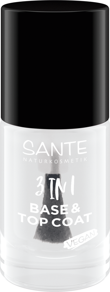 Sante 3-in-1 Pohja- ja päällyslakka; kirkas pullo Sante Naturkosmetik 3-in-1 Base & Top Coat -vegaanista kynsilakkaa, musta kansi ja näkyvä siveltimen kärki sisällä; suorakaiteen muotoinen lasisäiliö kiiltäväpinnalla, lieriömäinen mattamusta muovikansi; groteskietikettiteksti painettu valkoisena suoraan pullon etuosaan; ei taustatietoja tai ihmisiä; kuvattu valkoista taustaa vasten.