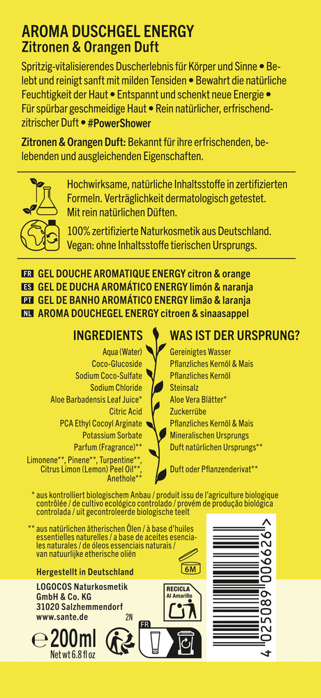 Sante Energy Suihkugeeli; keltaisen muovisen suihkugeelipullon takaosa mattapinnalla; pystyssä seisova suorakulmainen muoto pyöristetyin reunoin; etiketissä lukee ”Aroma Duschgel Energy” lihavoidulla nykyaikaisella groteskikirjasimella, mainiten sitruuna- ja appelsiinituoksun, ainesosat, sertifioinnit ja ympäristötietoa saksaksi; viivakoodi alaosassa; pienet sitrus- ja kasvikuvitukset etiketin taustalla; valkoinen studiokuva, ei ihmisiä tai käsiä.