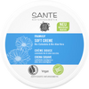 Sante Family Soft Creme Kehäkukkavoide; pyöreä muovipurkki tekstillä ”Sante Naturkosmetik Family Soft Creme”, sininen-valkoinen väritys, mattapinta ja kukka-aiheisia grafiikoita; pakkauksessa vegaani- ja luomusertifiointilogoja; groteskityyppografiaa läpi etiketin; monikielistä tekstiä (englanti, ranska, espanja) korostaa luonnonmukaisia ainesosia; ei ihmisiä tai käsiä; tausta neutraali, kuva suoraan edestä.