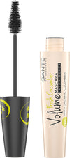 Sante Fresh Cucumber Volume Mascara Extra Black; tuubi Sante Fresh Cucumber Volume Mascaraa erikoismustana, virkistävällä kurkkuuutteella rikastettu, siveltimen sauva irrotettuna ja pystyssä beigen ja mustan tuubin vieressä; muovinen tuubi lieriömäinen matalla beigellä rungolla ja kiiltävällä mustalla kannella; yksinkertaista mustaa groteskikirjoitusta rungossa; etikettitekstissä SANTE ja Fresh Cucumber; ei rekvisiittaa, valkoinen tausta, lähikuva keskittyen vain tuotteen osiin.