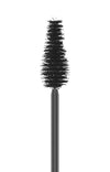 Sante Fresh Cucumber Volume Mascara Extra Black; lähikuva mustasta ripsiväriharjasta tiheine, kapenevine harjaksineen ripsien volyymin lisäämiseksi valkoista taustaa vasten; harja kiiltävää mustaa muovia tiiviisti aseteltuine synteettisine harjaksineen, jotka kapenevat kärkeä kohti; ei näkyvää pakkausta tai etikettitekstiä; kuva tasaisesti valaistu, ei käsiä tai ihmisiä.